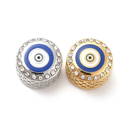 304 Stainless Steel European Beads, with Enamel & Rhinestone, Large Hole Beads, Flat Round with Evil Eye