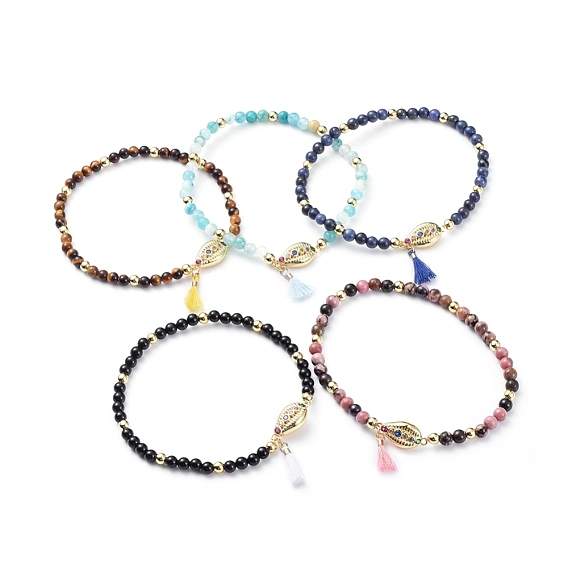 Natural Gemstone Stretch Charm Bracelets, with Brass Beads, Brass Micro Pave Cubic Zirconia Links, Polyester Cotton Tassel and Cardboard Packing Box, Cowrie Shell