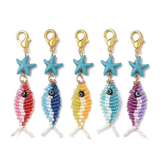 Подвеска в виде рыбьей стеклянной рыбки и синтетической бирюзы с морскими звездами, с 304 из нержавеющей стали Lobster Claw застежками