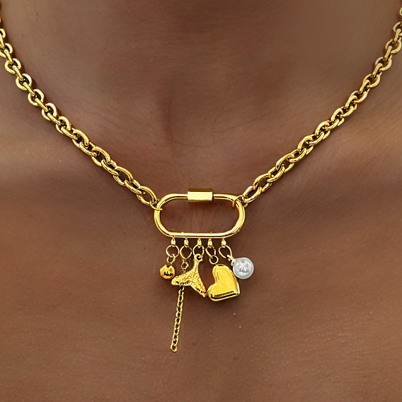 304 Ожерелья из нержавеющей стали в форме сердца, «рыбьего хвоста» и круглой оправы с кисточками из искусственного жемчуга и застежками-карабинами