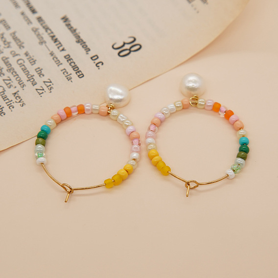 Овальные серьги-кольца из нержавеющей стали с пресноводным жемчугом, со стеклянными бисеринами, золотые