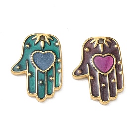 304 Stainless Steel with Enamel Pendants, Palm with Heart Charms, Ion Plating(IP), Real 18K Gold Plated