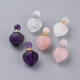 Faceted Natural Gemstone Openable Perfume Bottle Pendants, with 304 Stainless Steel Findings, Peach Shape