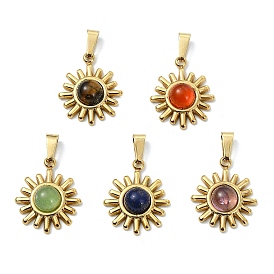 Природные каменные смешанные подвески, 304 Подвески в виде солнечных лучей из нержавеющей стали с оправой, смешанные окрашенные и неокрашенные