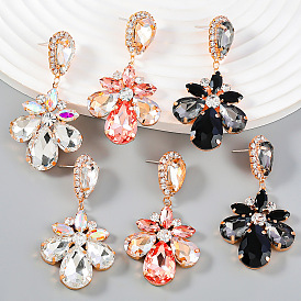 Sparkling Multi-layered Waterdrop Glass Flower Earrings with Exaggerated Alloy and Rhinestone Inlay