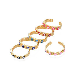 Real 18K Gold Plated Brass Open Cuff Ring with Enamel Evil Eye for Women, Nickel Free
