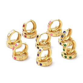 Brass Enamel Hoop Earrings, Real 18K Gold Plated, Ring with Star, Cadmium Free & Lead Free