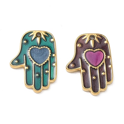 304 Stainless Steel with Enamel Pendants, Palm with Heart Charms, Ion Plating(IP), Real 18K Gold Plated