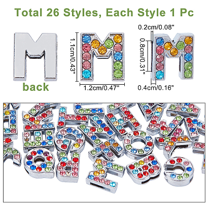 Nbeads 26Pcs 26 Style Alloy Rhinestone Slide Charms, Letter A~Z, Platinum