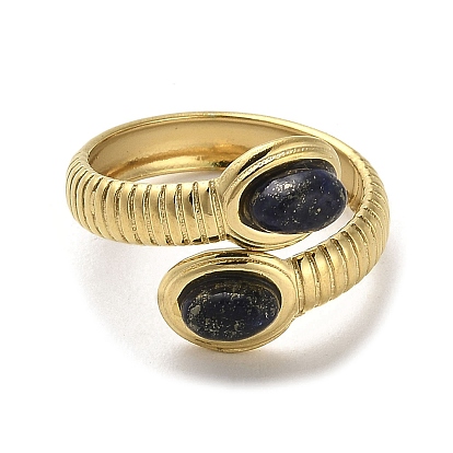 Natural Mixed Gemstone Snake Open Cuff Ring, Golden 304 Stainless Steel Finger Ring