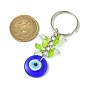 Flat Round with Evil Eye Lampwork Pendant Keychain, with Acrylic Leaf Charm and Iron Split Rings