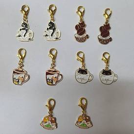 Marqueurs de points chat et tasse à café, alliage émail crochet fermoir mousqueton charmes, marqueur de point de verrouillage avec anneau de charme de verre de vin