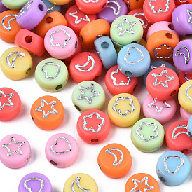 Opaque Acrylic Beads, Metal Enlaced, Flat Round with Star & Flower & Moon & Heart