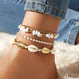 Bohemian Style Anklet Set with Ocean Shell, Stone and Bead Weaving (4 Pieces)