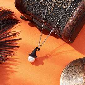Тема Хэллоуина белая круглая жемчужина-ракушка с подвеской в виде шляпы ведьмы из черного сплава 304 ожерелья из нержавеющей стали