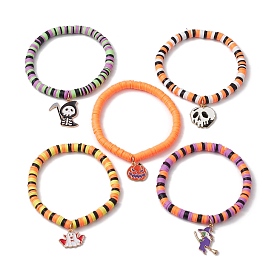 5Pcs Handmade Polymer Clay Heishi Beads Stretch Bracelet Sets, Halloween Theme Alloy Enamel Charm Bracelets