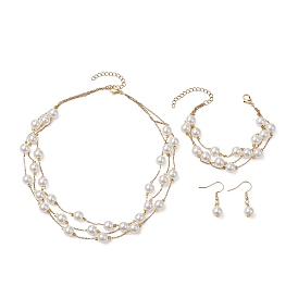 Round ABS Plastic Imitation Pearl Beads Necklace & Bracelet & Dangle Earring Sets for Women, with 304 Stainless Steel Earring Hooks & Cable Chains