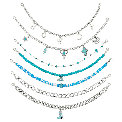 7 шт. цепочка с бусинами в стиле вестерн-ковбоев из синтетической бирюзы, стекла, дерева и полимерной глины, Сплав с застежками когтя омара