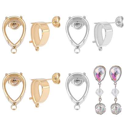 4 Pairs 2 Colors 304 Stainless Steel Stud Earring Findings, Earring Setting for Rhinestone, with Ear Nuts and Horizontal Loops, Teardrop