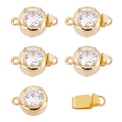 5 Sets Brass Cubic Zirconia Box Clasps, Cadmium Free & Nickel Free & Lead Free, Flat Round