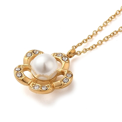 Flower Vacuum Plating 304 Stainless Steel Pendant Necklaces, with Rhinestone & Plastic Pearl