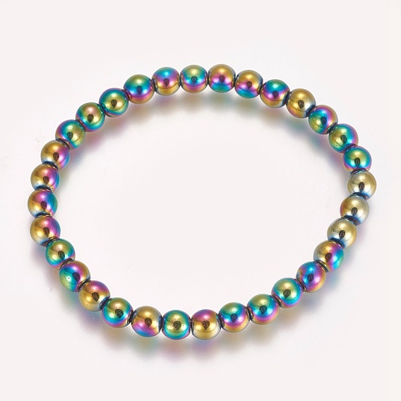 Electroplated Non-magnetic Synthetic Hematite Beaded Stretch Bracelet, Round