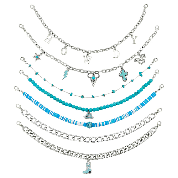 7 шт. цепочка с бусинами в стиле вестерн-ковбоев из синтетической бирюзы, стекла, дерева и полимерной глины, Сплав с застежками когтя омара