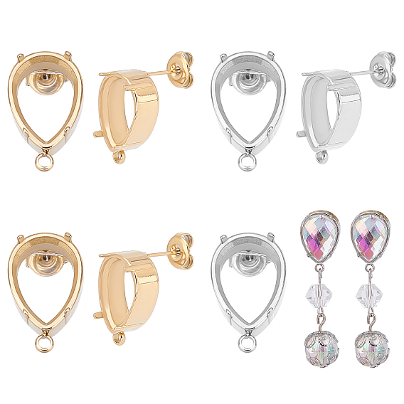 4 Pairs 2 Colors 304 Stainless Steel Stud Earring Findings, Earring Setting for Rhinestone, with Ear Nuts and Horizontal Loops, Teardrop