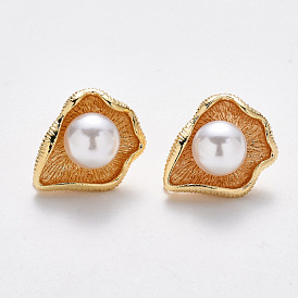 Brass Stud Earring Findings, with Loop,  ABS Plastic Imitation Pearl and Stainless Steel Pins, Nickel Free, Real 18K Gold Plated