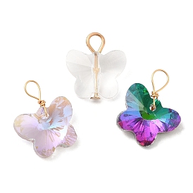 Glass Pendants, with Light Gold Brass Loops, Faceted, Butterfly Charms