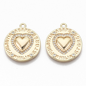 Brass Micro Pave Cubic Zirconia Pendants, Flat Round with Heart & Greek Words for Love, Nickel Free, Clear