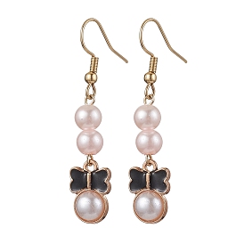 Alloy Enamel Dangle Earring, with ABS Plastic Imitation Pearl, Glass Pearl and 304 Stainless Steel Earring Hooks, Bowknot