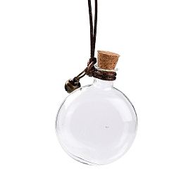 Flat Round Glass Cork Bottles Ornament, with Waxed Cord & Iron Bell, Glass Empty Wishing Bottles, DIY Vials for Pendant Decorations