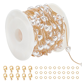 Поделки ожерелья комплекты ювелирных изделий, Латунные бордюрные цепи с имитацией жемчуга в форме сердца в форме сердца, с катушкой, застежка когтя омара