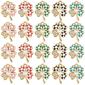 20 шт 5 цвета сплава эмалевые подвески, со стразами и пластиковыми бусинами из искусственного жемчуга, клевер с клетчатым рисунком