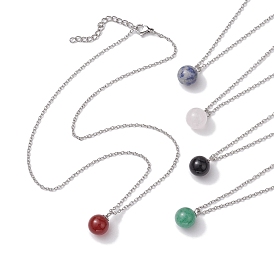 Round Gemstone Pendant Necklaces, 304 Stainless Steel Cable Chain Necklaces