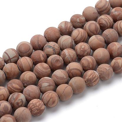 Natural Wood Lace Stone Round Bead Strands, Frosted Style