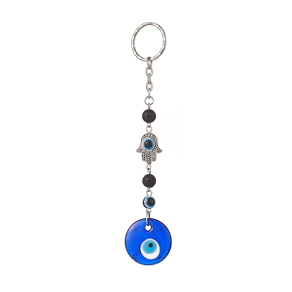 Handmade Evil Eye Lampwork Pendant Keychain, Iron Keychain with Natural Lava Rock, Teardrop & Heart & Round & Hamsa Hand