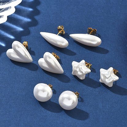 304 серьги-гвоздики из пластика и нержавеющей стали с имитацией жемчуга, ионное покрытие (ip), золотые