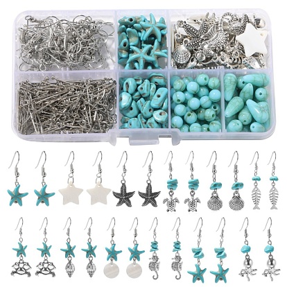 DIY Ocean Theme Dangle Earring Making Kit, Including Crab & Starfish & Shell & Fish & Star Alloy Pendants, Synthetic Turquoise Teardrop & Round Beads, Iron Earring Hooks