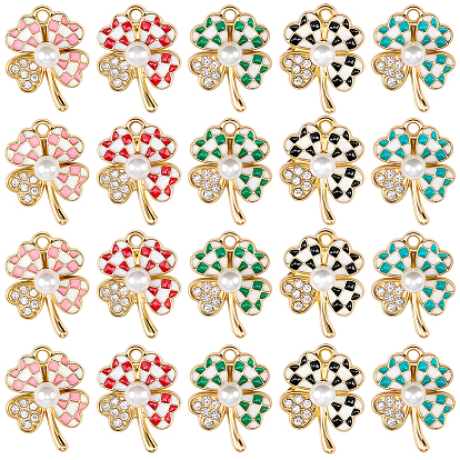 20 шт 5 цвета сплава эмалевые подвески, со стразами и пластиковыми бусинами из искусственного жемчуга, клевер с клетчатым рисунком