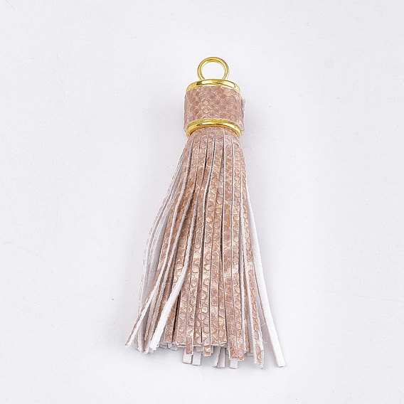 PU Leather Tassel Big Pendants Decorations, Imitation Snake Skin, with Alloy Findings, Golden