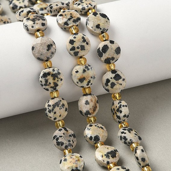 Природные яшмы далматин бисер нитей, граненый шестиугольный разрез, плоско-круглые, с бисером