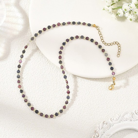Natural Red Corundum/Ruby and Sapphire Faceted Flat Round Beaded Necklaces