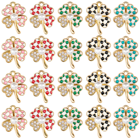 20Pcs 5 Colors Alloy Enamel Pendants, with Rhinestone and ABS Plastic Imitation Pearl Beads, Clover with Tartan Pattern