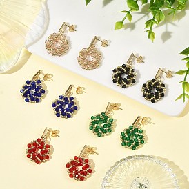 Flor de cristal con cuentas pendientes colgantes, Cuentas de latón y pendientes de botón de acero inoxidable para mujer, dorado