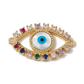 Rack Plating Brass Micro Pave Colorful Cubic Zirconia Connector Charms, Evil Eye Link, with Shell Cabochon, Cadmium Free & Nickel Free & Lead Free, Eye