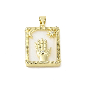 Brass Micro Pave Cubic Zirconia Pendants, with Shell, Real 18K Gold Plated, Rectangle with  Palm & Star &Moon