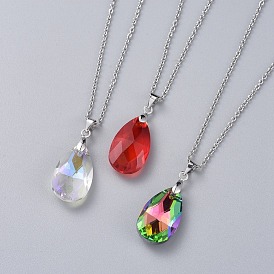 Faceted Teardrop Glass Pendant Necklaces, with 304 Stainless Steel Cable Chains, Lobster Claw Clasps and Cardboard Box