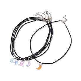 Glass Crescent Moon Pendant Necklaces, with Imitation Leather Cords